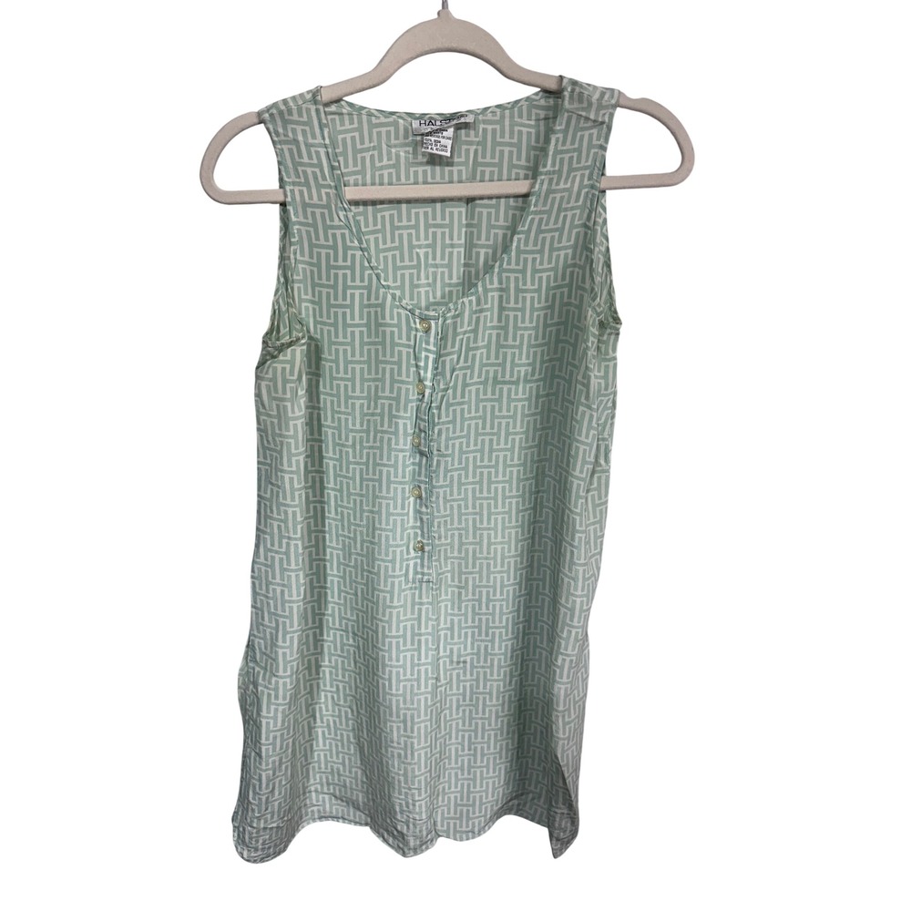 Halston Medium Green Silk Sleeveless Tunic Women's Geometric Print Henley